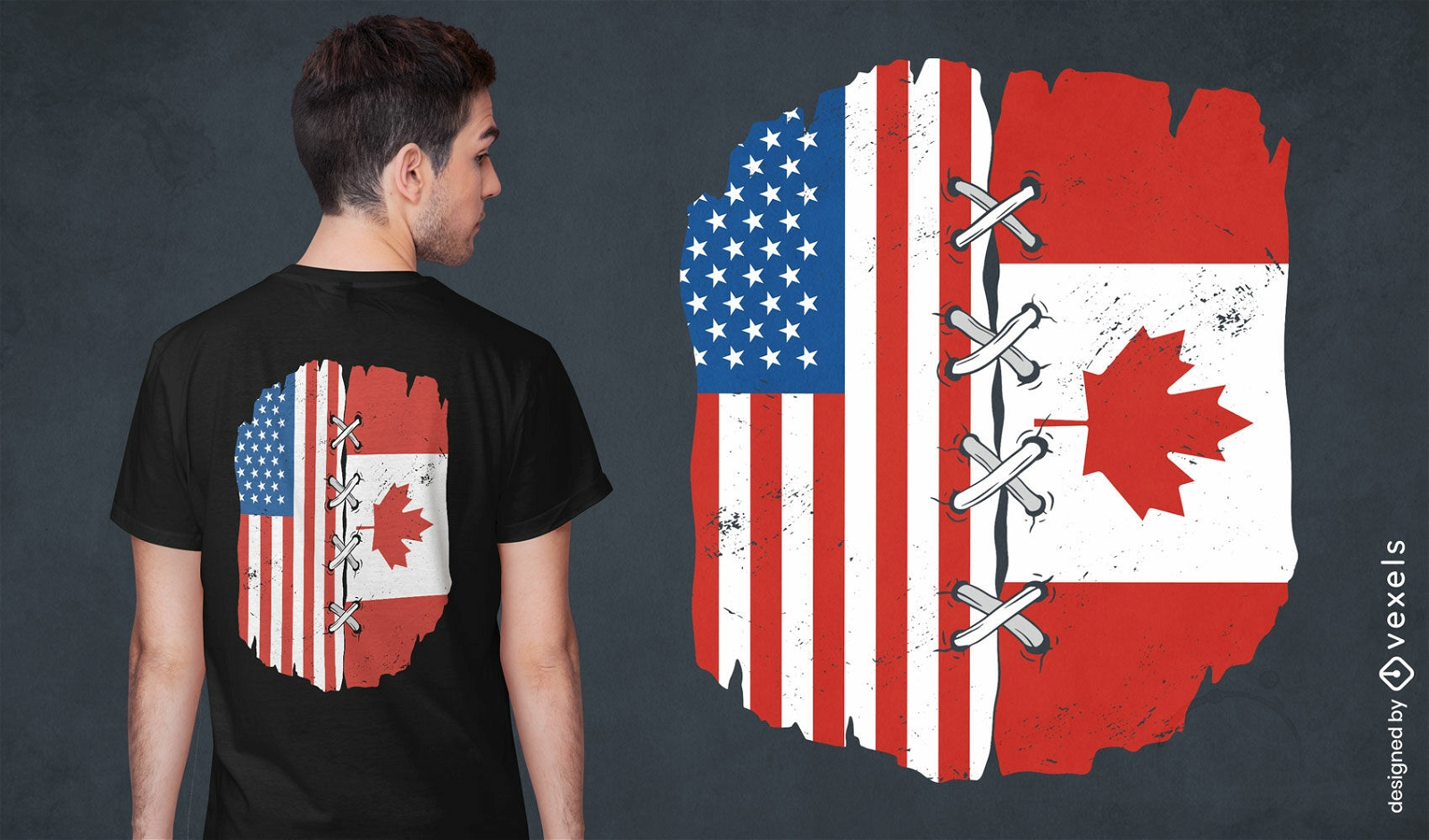 T-Shirt-Design mit kanadischer und amerikanischer Flagge