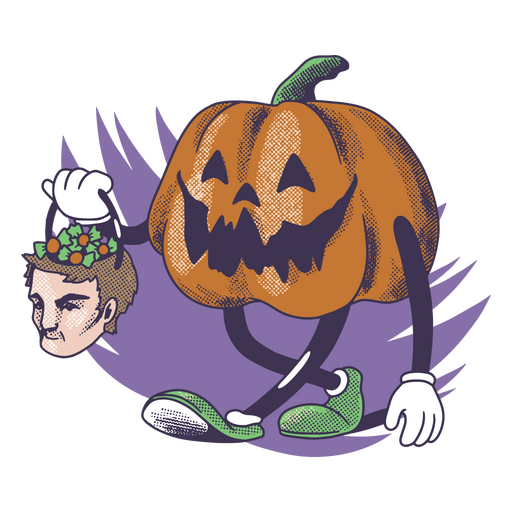 Halloween pumpkin carrying candies in a human-shaped trick-or-treat basket PNG Design