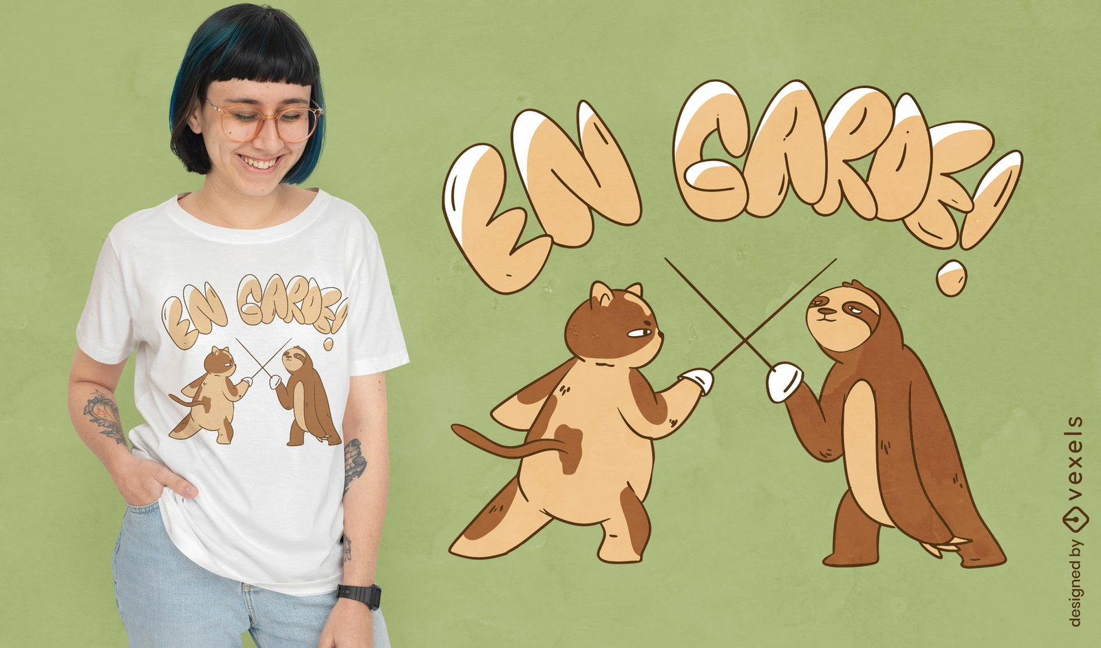 Design de camiseta de esgrima de gatos e preguiças