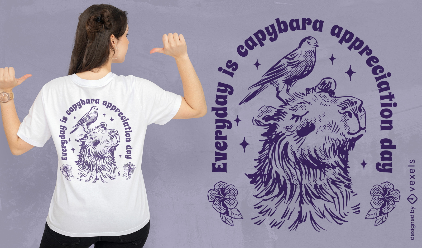 Diseño de camiseta de animal y pájaro carpincho.