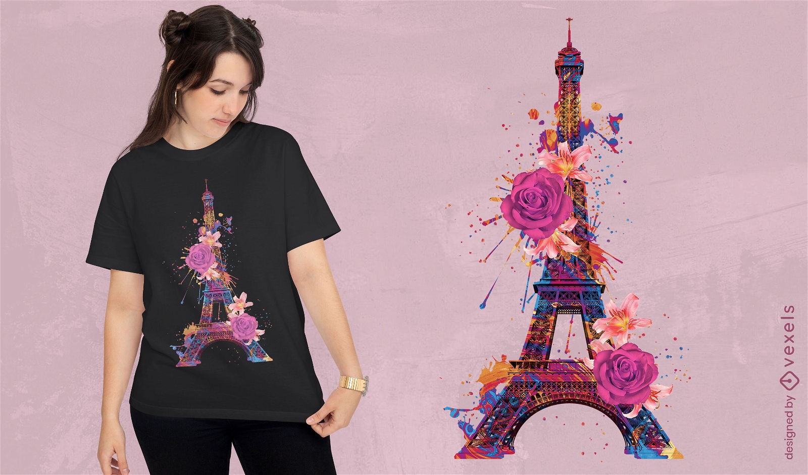 Design de camiseta floral da Torre Eiffel