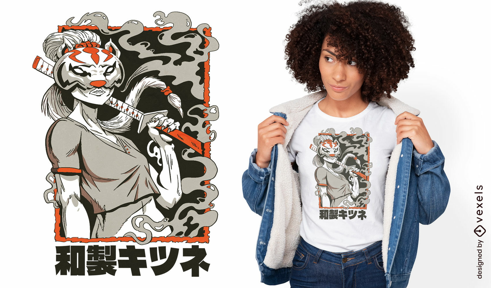 Samurai con diseño de camiseta de máscara de zorro