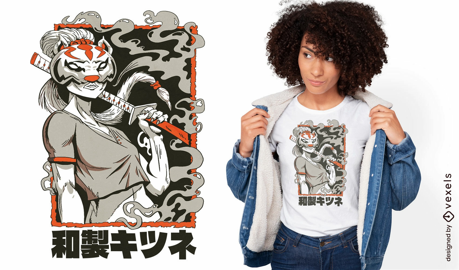 Samurai mit Fuchsmasken-T-Shirt-Design