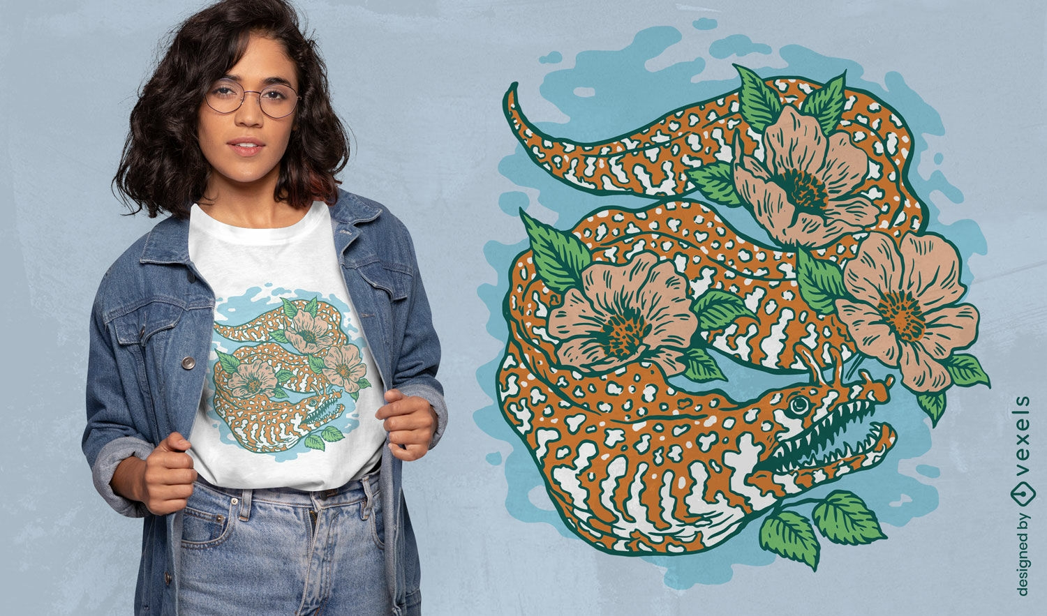 Animal enguia dragão com design de t-shirt de flores