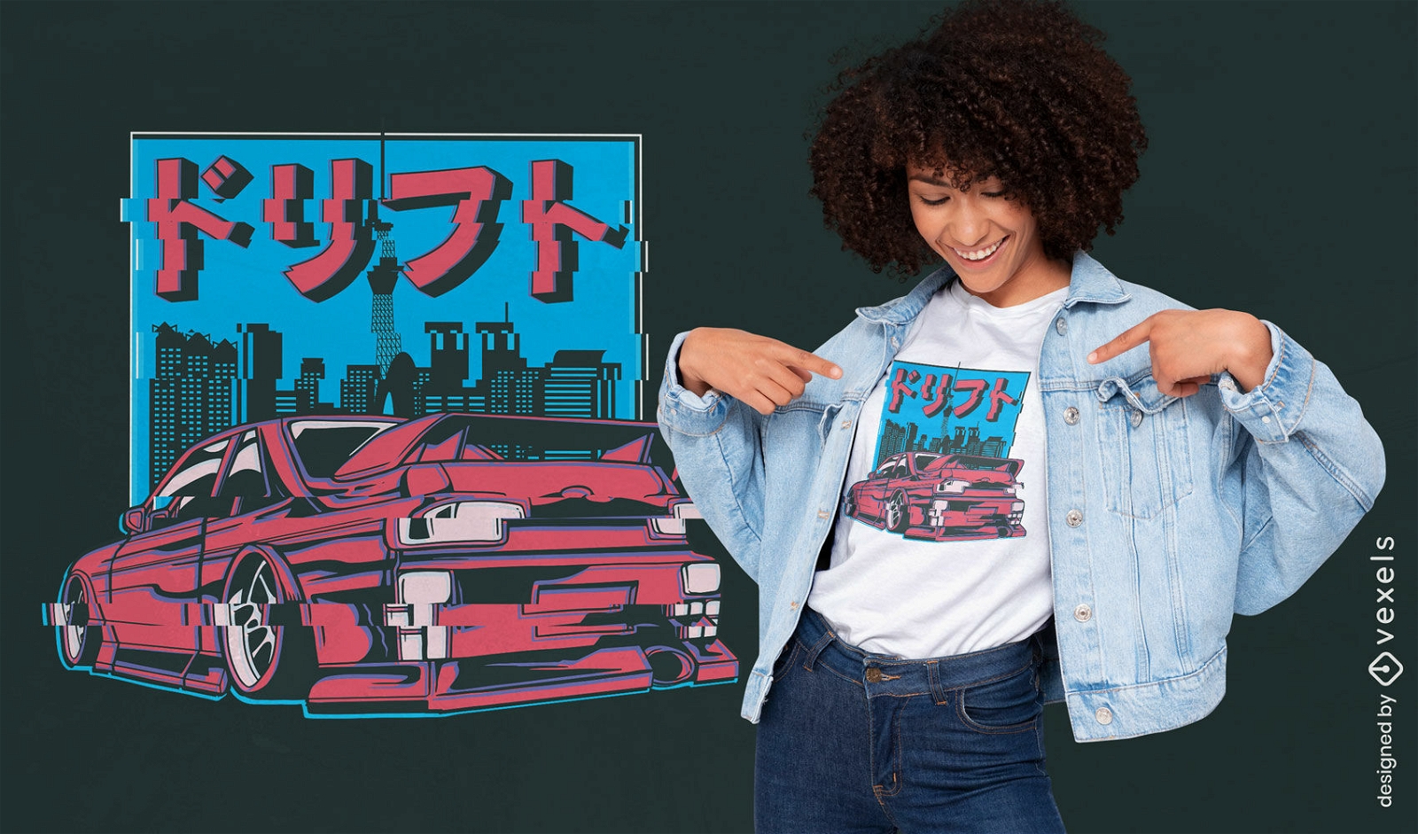 Design de camiseta de carro com falha japonesa