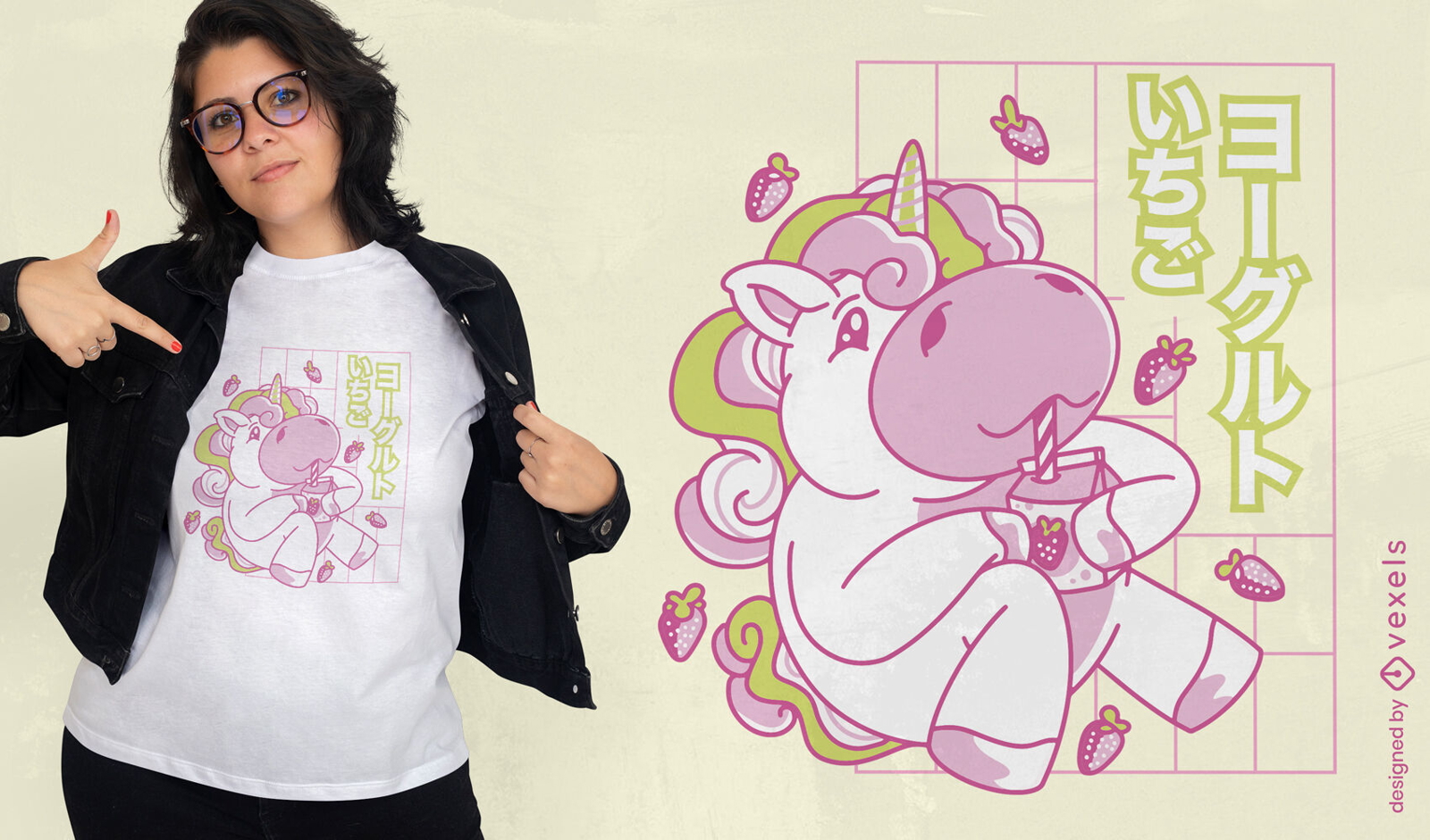 Design de camiseta de unicórnio kawaii bebendo leite com morango