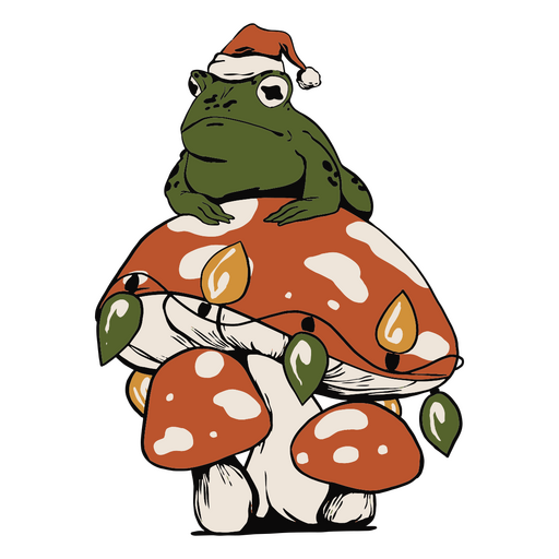 Frog perched atop the mushrooms PNG Design