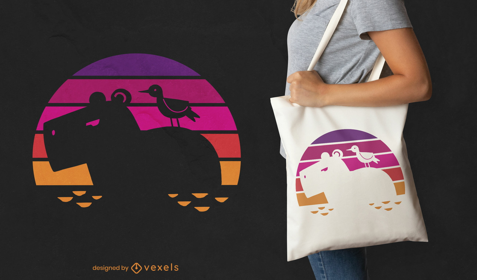 Design de bolsa retrô de capivara e pássaro ao pôr do sol