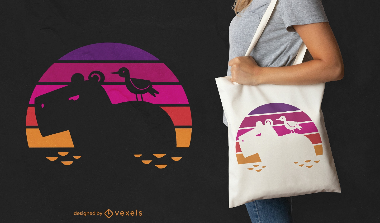 Retro sunset capybara and bird tote bag design
