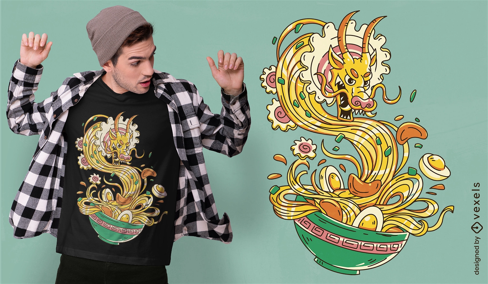Dragón en diseño de camiseta de comida ramen.