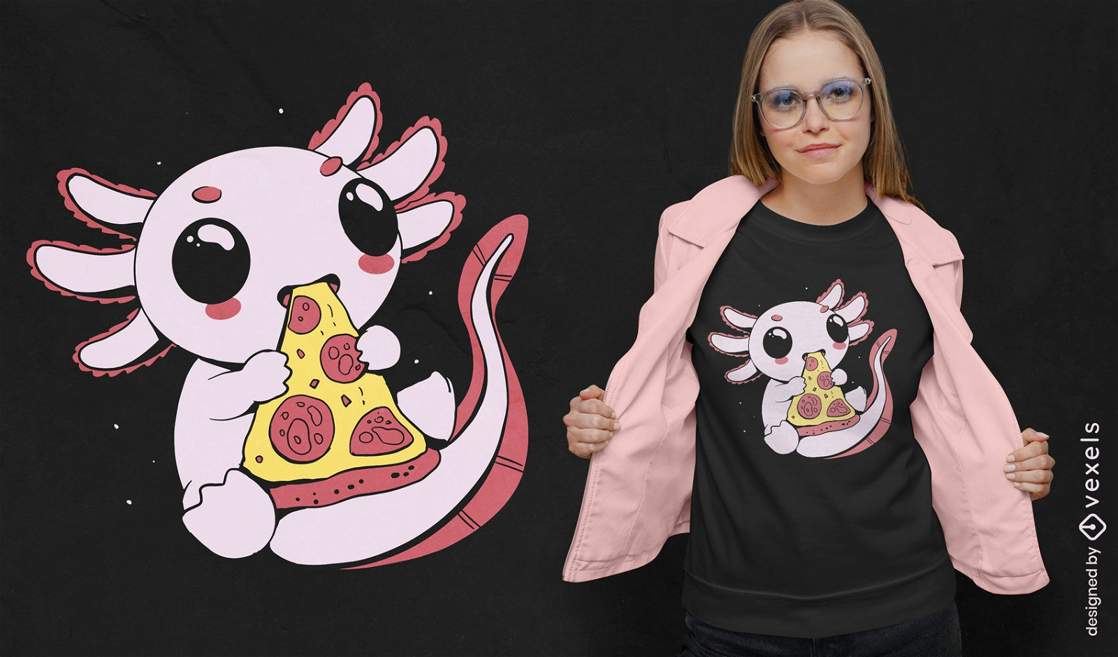 Design de camiseta de axolotl bonito comendo pizza