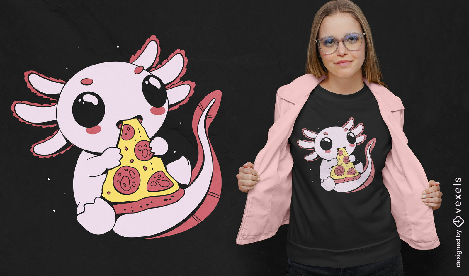 Lindo axolotl comiendo diseño de camiseta de pizza