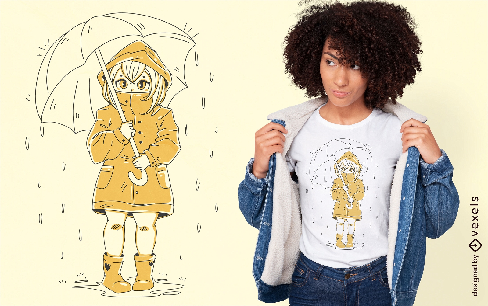 Garota com design de camiseta de guarda-chuva e capa de chuva