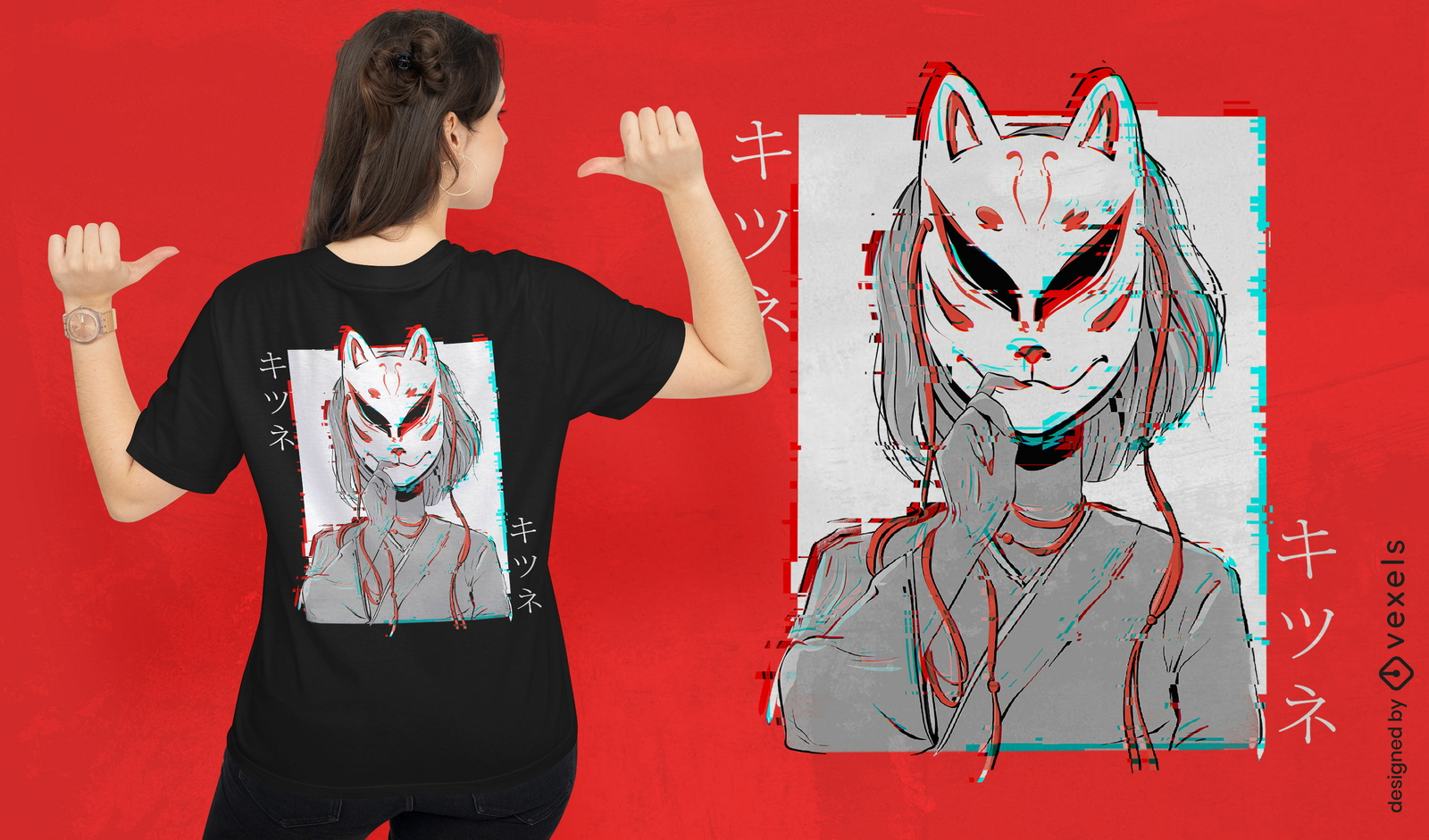 Design de camiseta com falha de máscara Kitsune