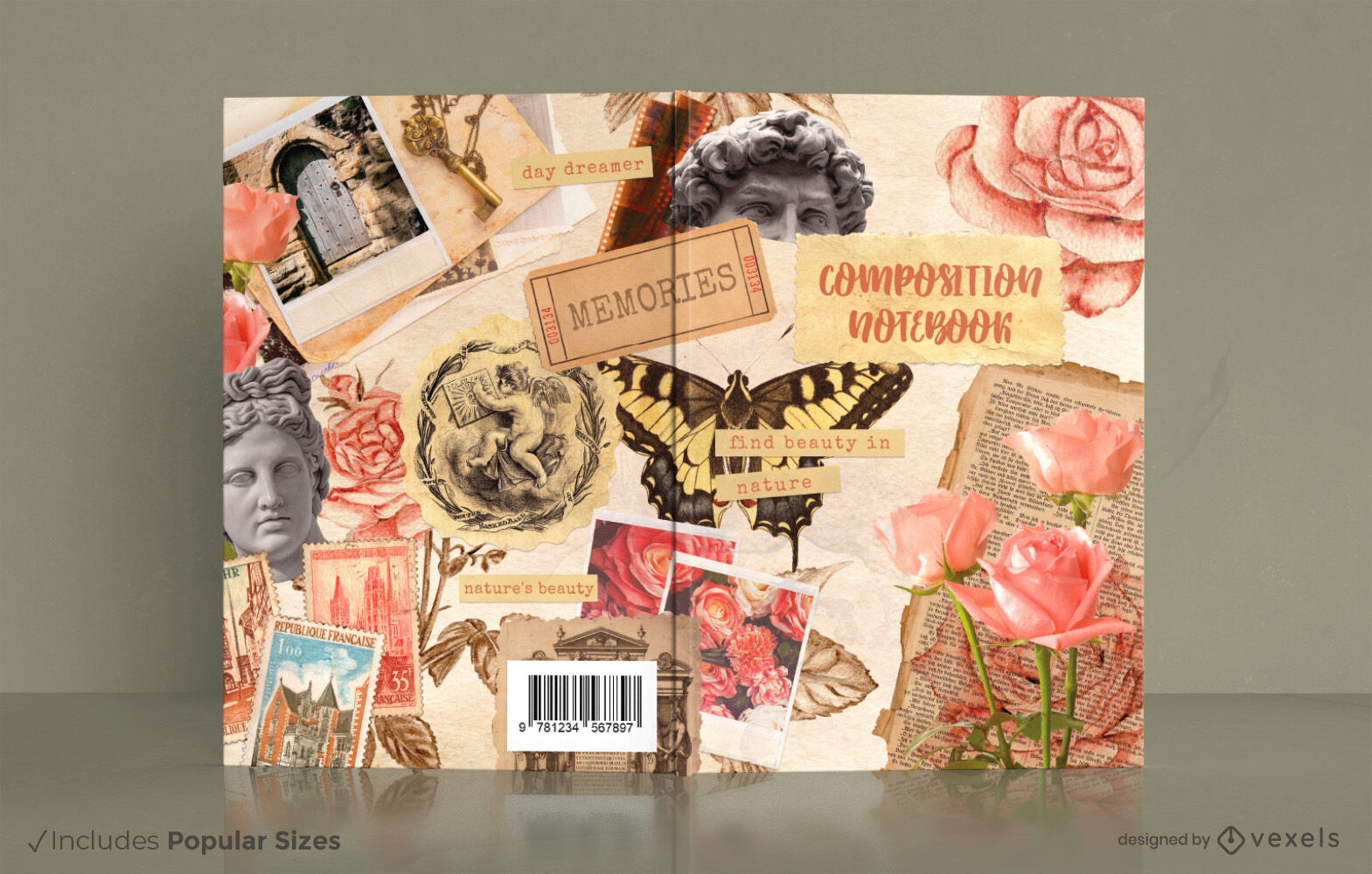 Collage con diseño de portada de libro de estatuas y flores.