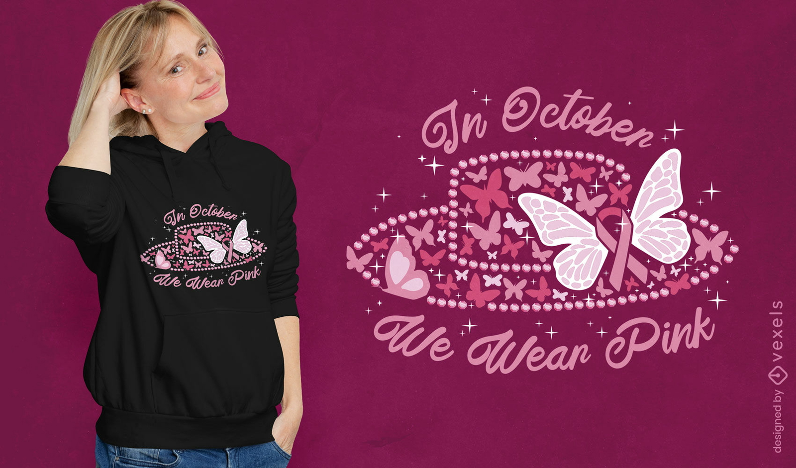 Diseño de camiseta de cáncer de mama de octubre de sombrero rosa.