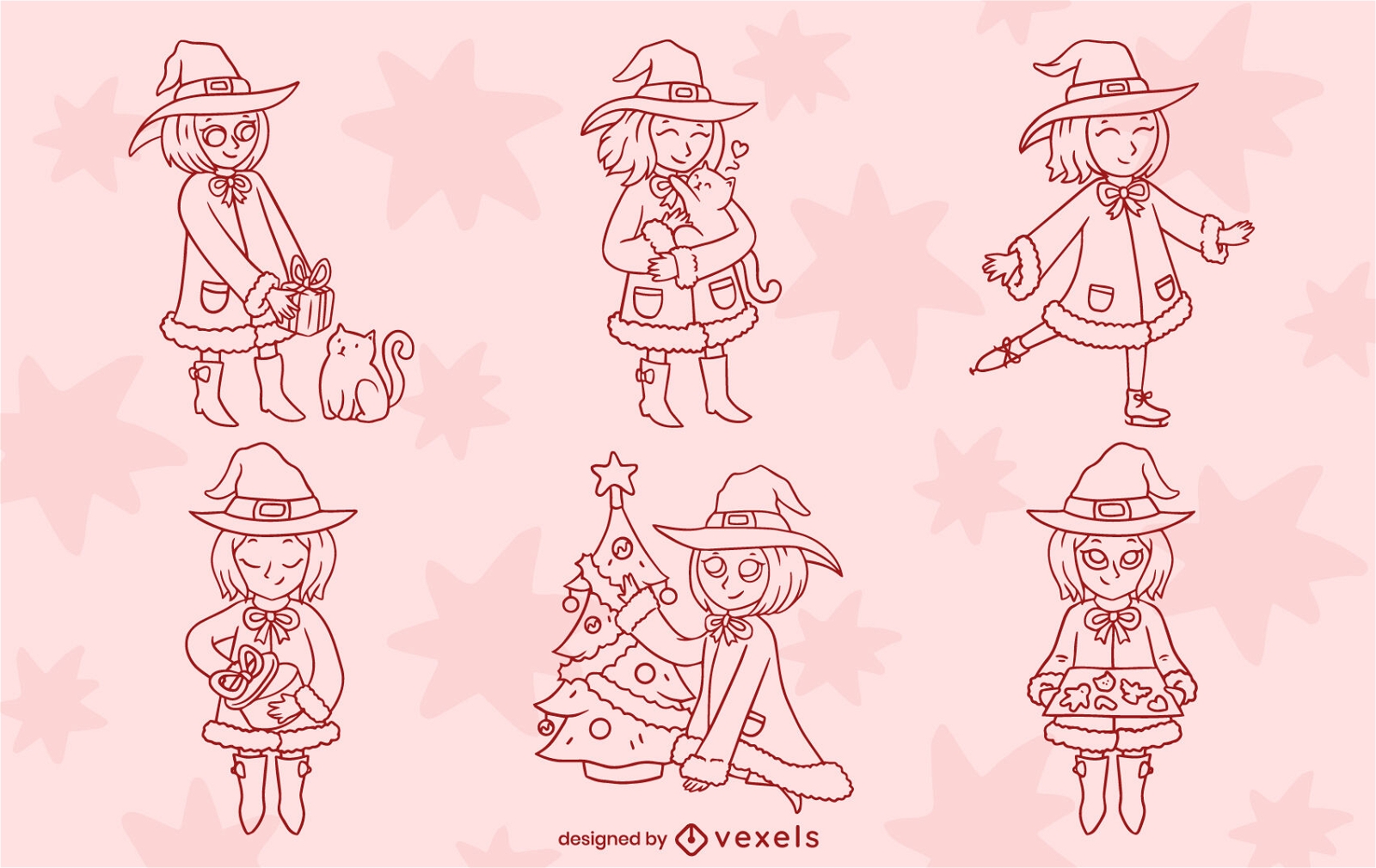 Cartoon witch in christmas holiday set