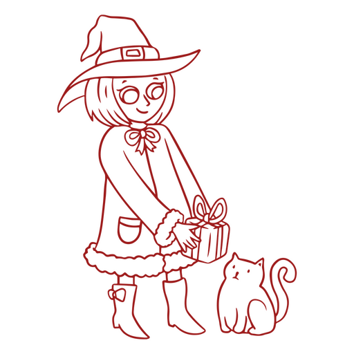 Young witch with a Christmas gift for her cat PNG Design