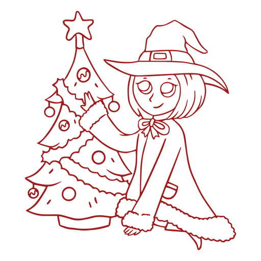 Young witch decorating a Christmas tree PNG Design