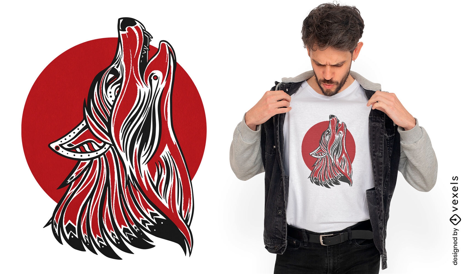 Diseño de camiseta de lobo aullando tribal