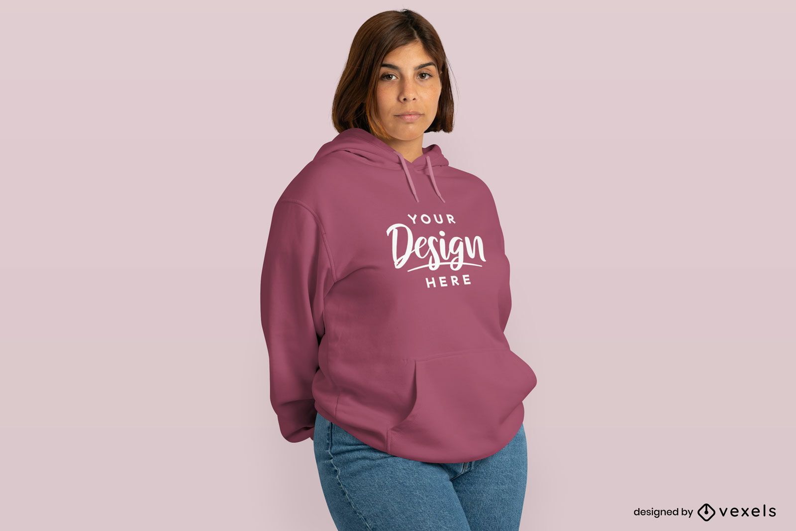 Plus size woman with short hair and hoodie mockup