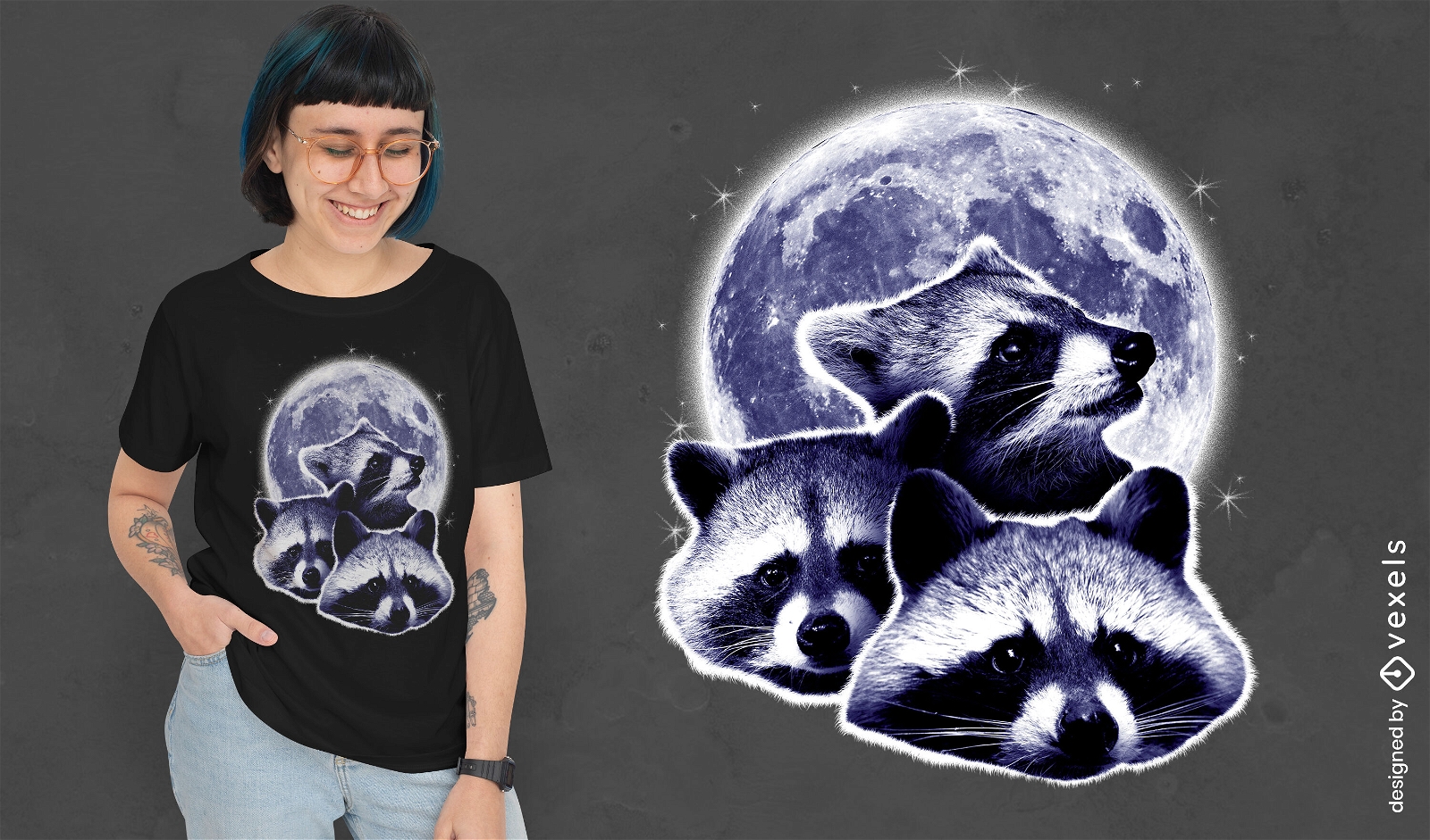 Diseño de camiseta de mapaches y luna.