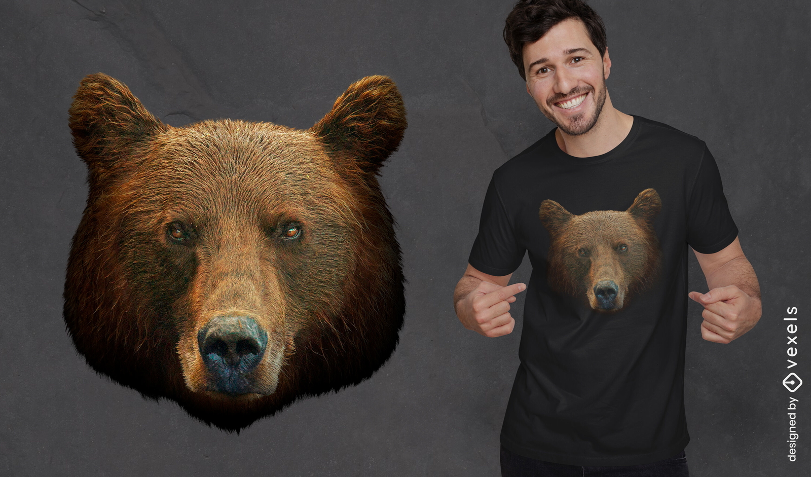 Design de camiseta de cabeça de urso pardo realista