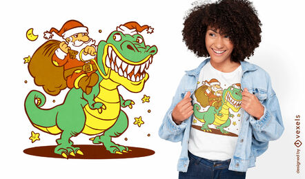 Papai Noel montando um design de camiseta de Natal t-rex