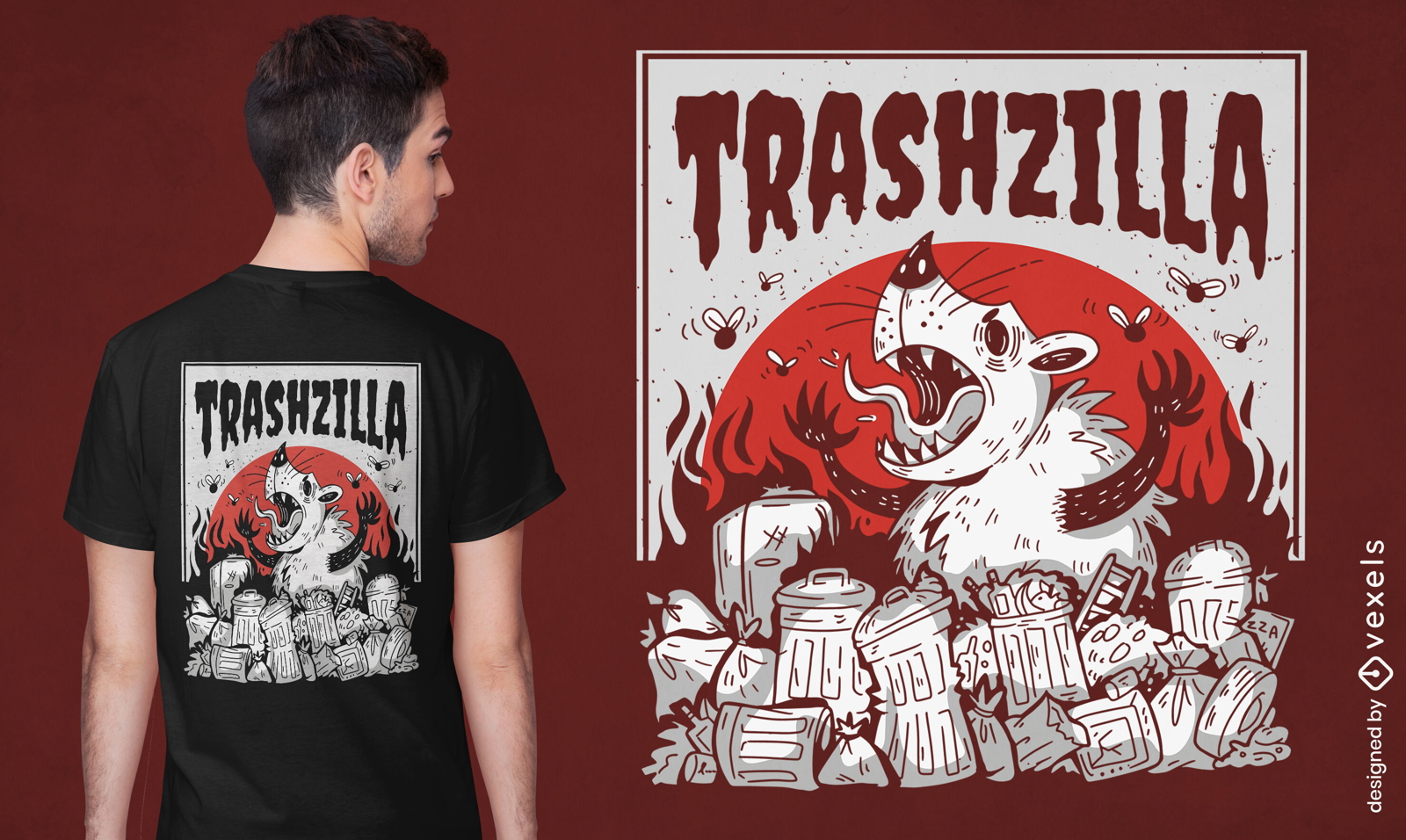 Diseño de camiseta de ciudad de basura de zarigüeya gigante