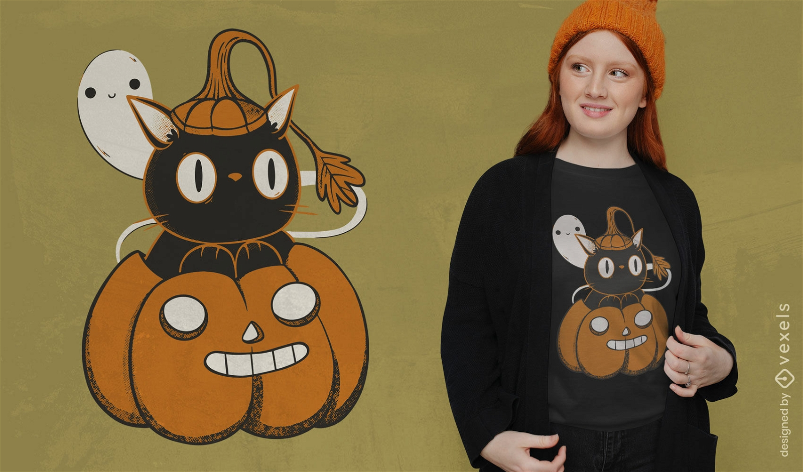 Black cat inside pumpkin t-shirt design