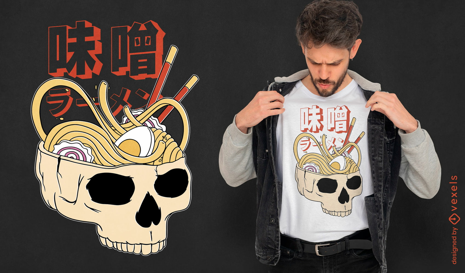 Diseño de camiseta de calavera de ramen