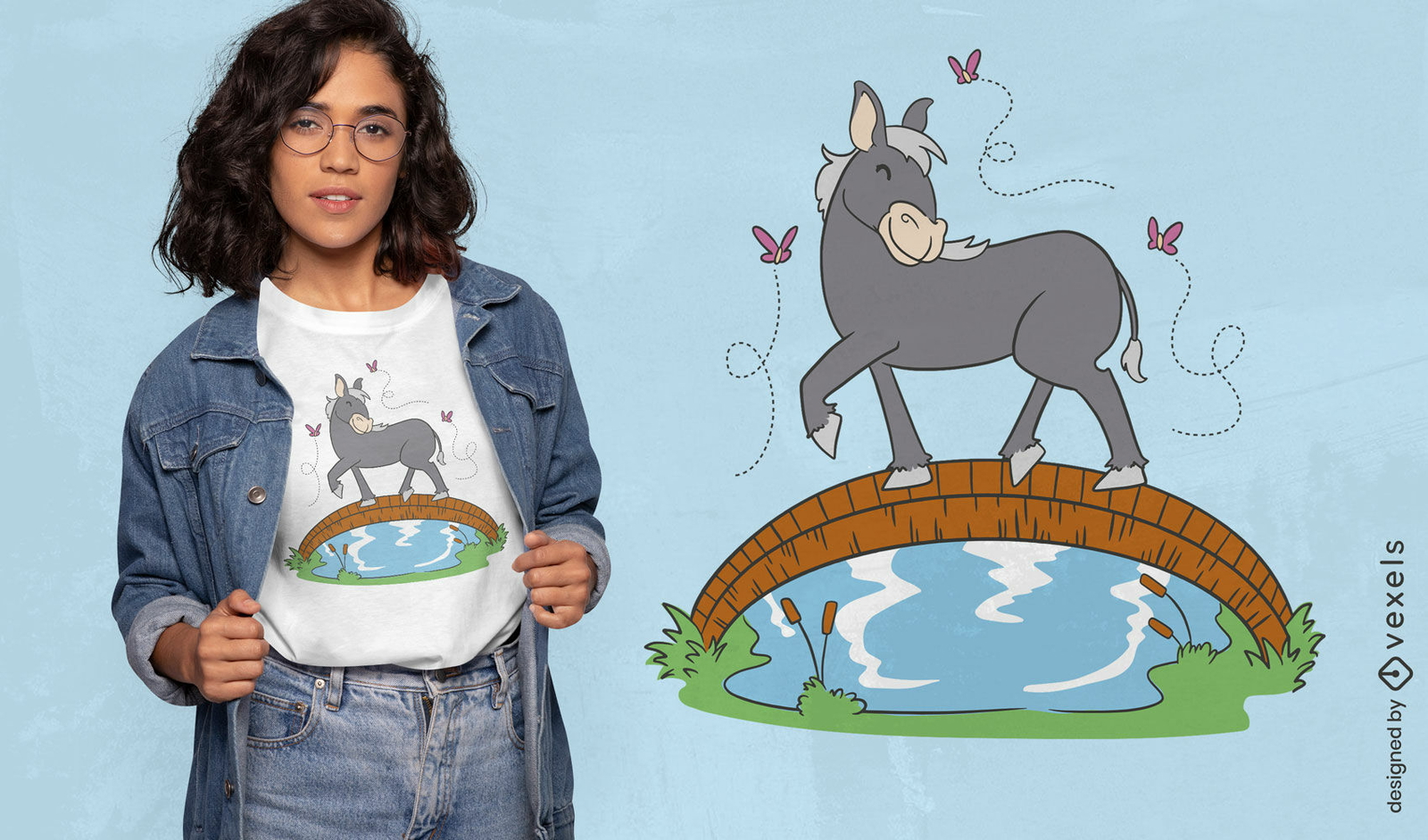 Burro de cuento de hadas sobre un diseño de camiseta de puente