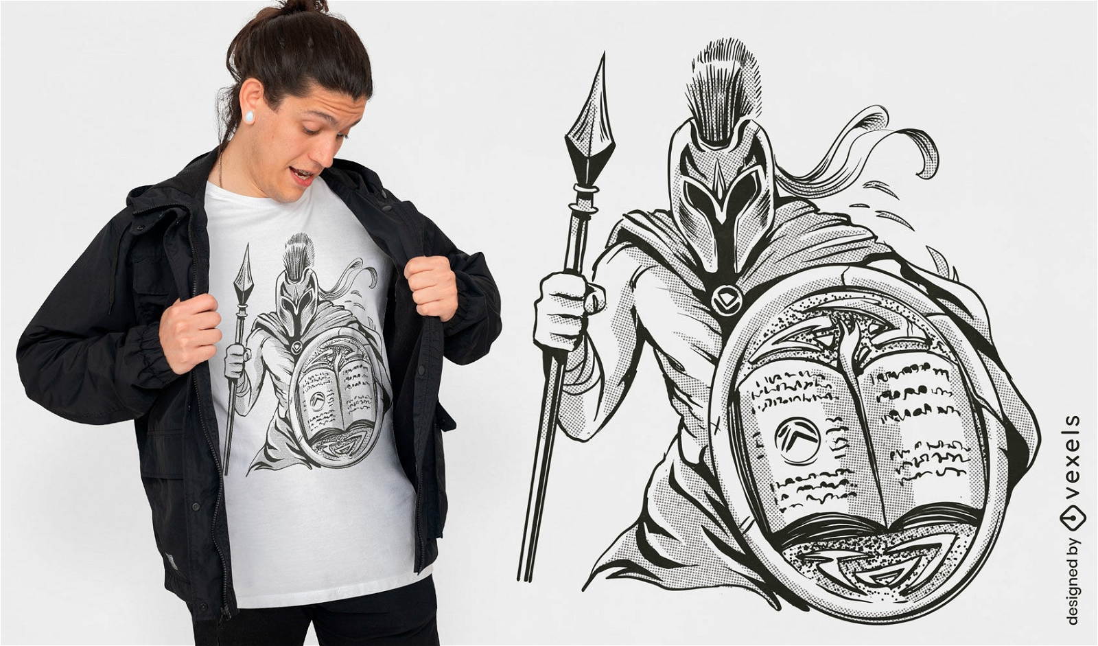 Diseño de camiseta de libro de guerrero espartano