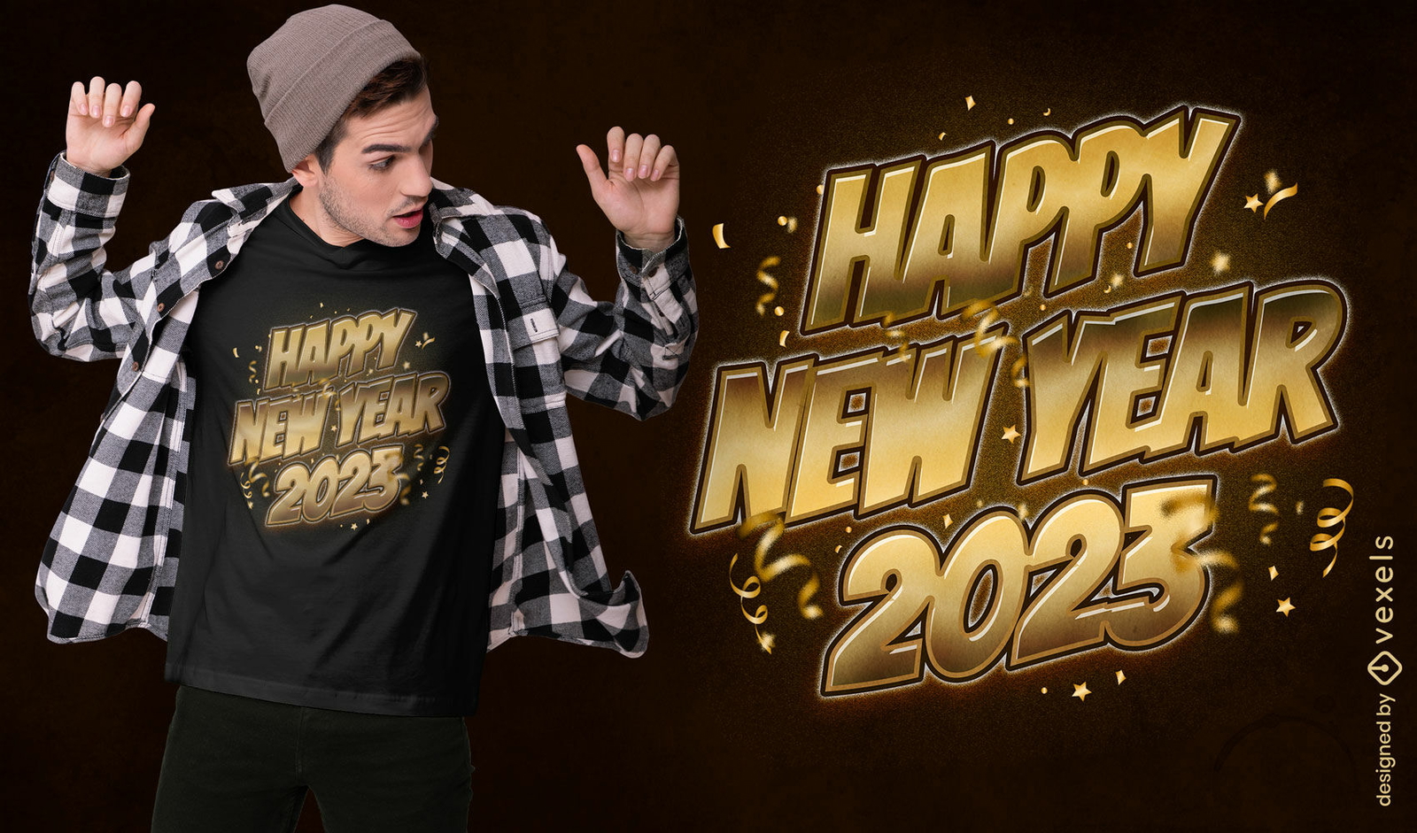 Feliz año nuevo 2023 diseño de camiseta dorada.