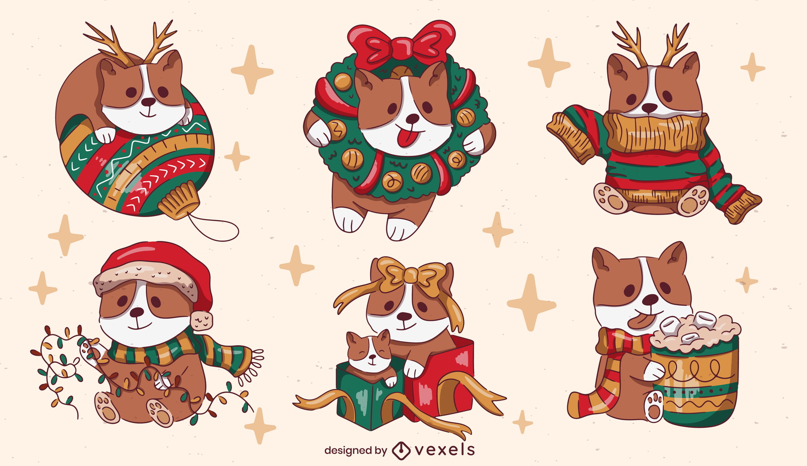 Adorable conjunto de caracteres de perro corgi navideño