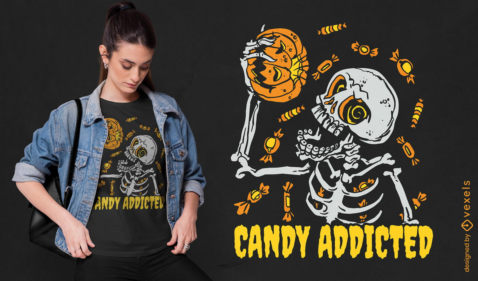 Diseño de camiseta de esqueleto adicto a los dulces.