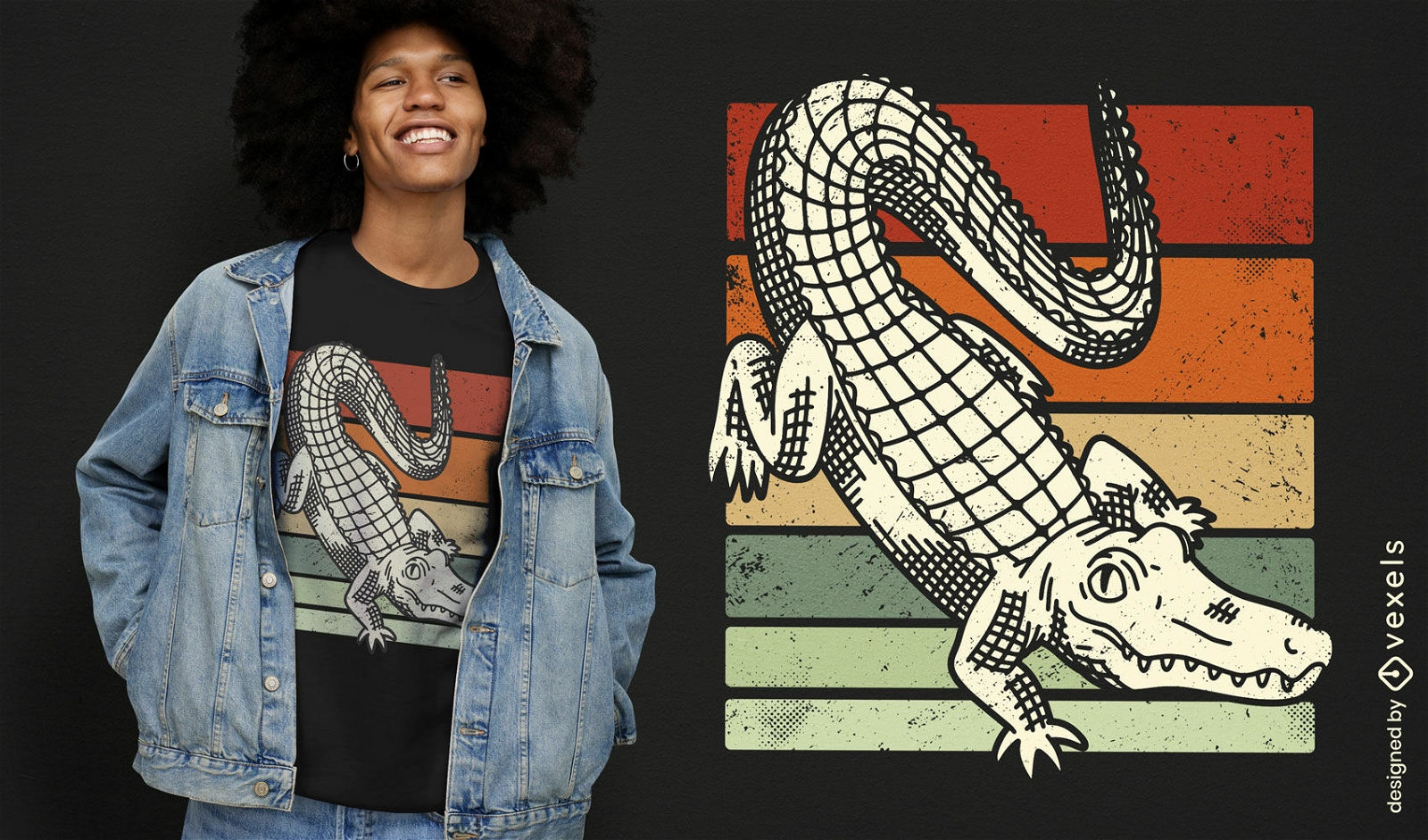 Diseño retro de camiseta de cocodrilo al atardecer.