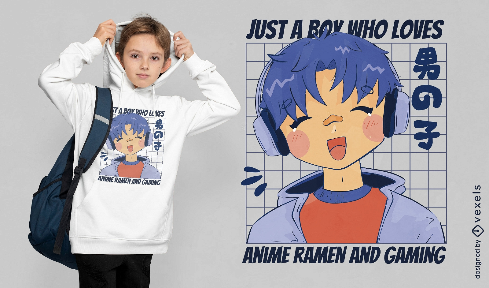 Dise?o de camiseta de chico anime con auriculares.