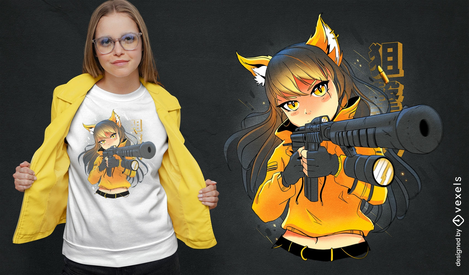 Design de camiseta de garota de raposa do exército de anime
