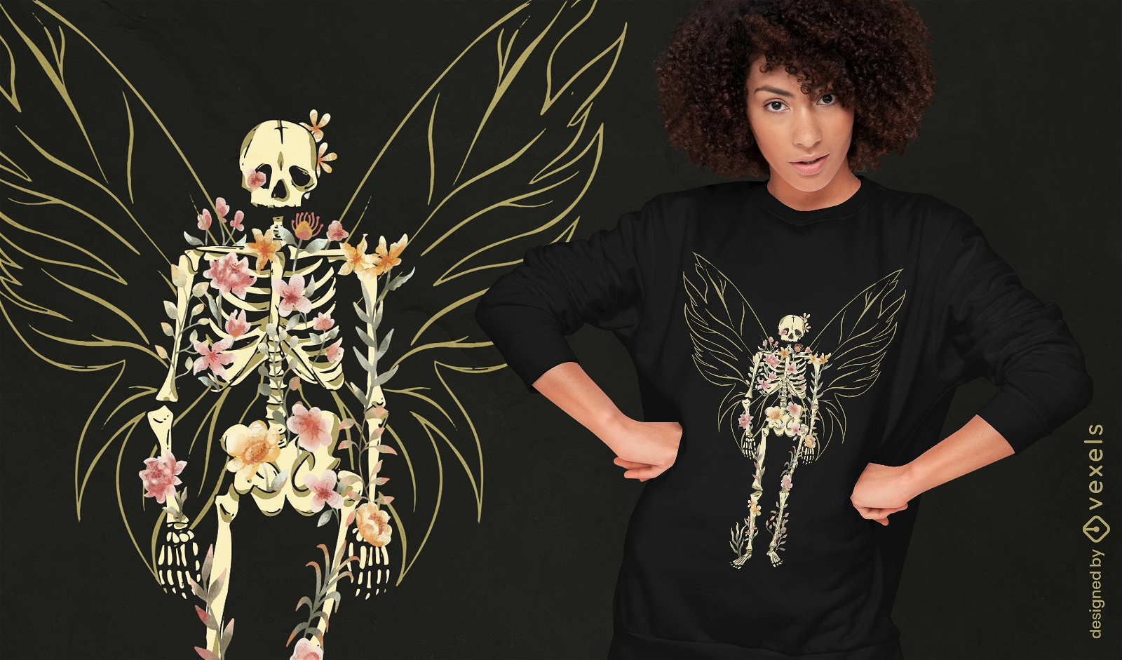 Diseño de camiseta de esqueleto de mariposa floral.