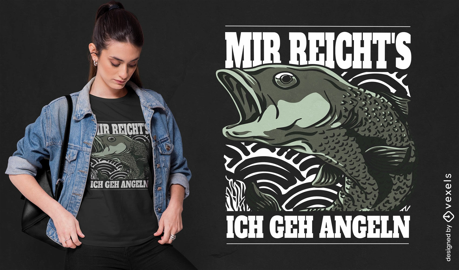 Diseño de camiseta con cita de pescado y alemán.