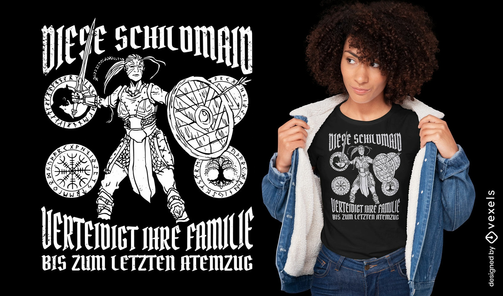 Design de camiseta de mulher viking de escudo donzela