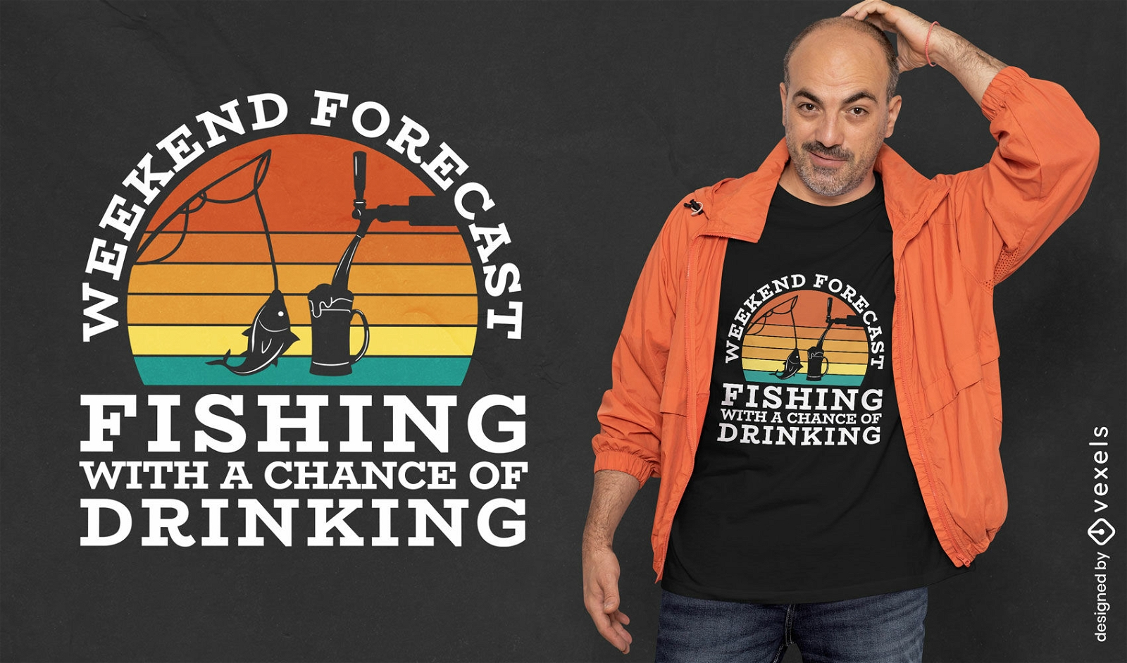 Diseño de camiseta de pesca y bebida.