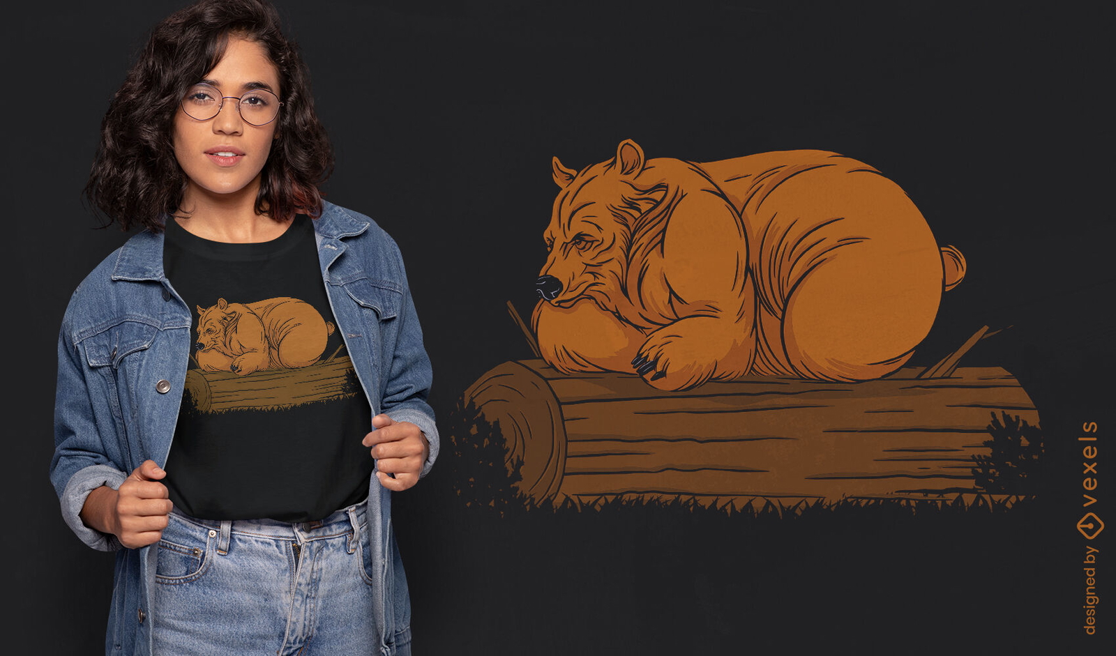 Urso gordinho em um design de camiseta de tronco de árvore