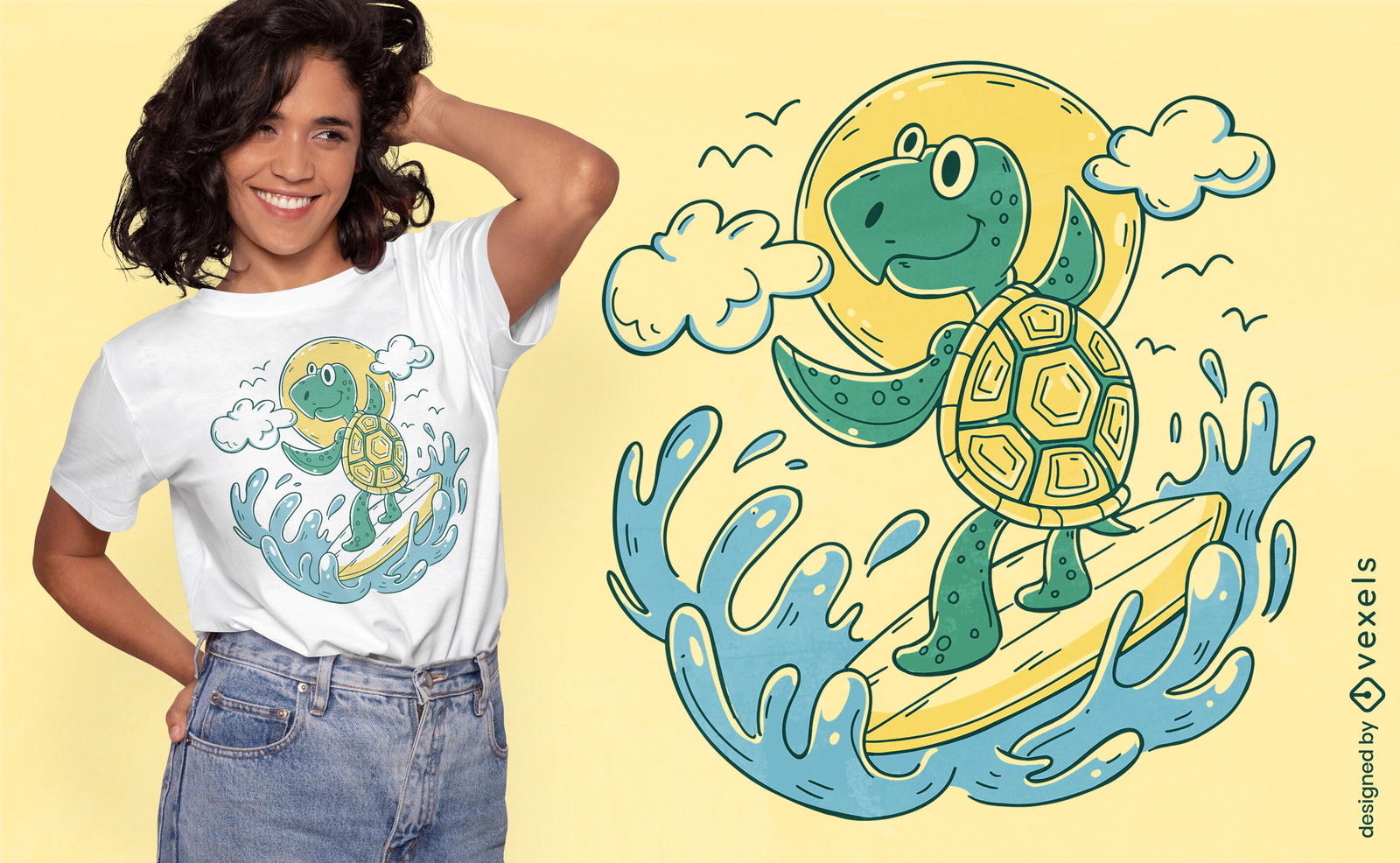 Diseño de camiseta de tortuga surfera.