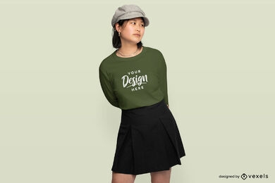 Asian girl with black skirt and sweatshirt mockup