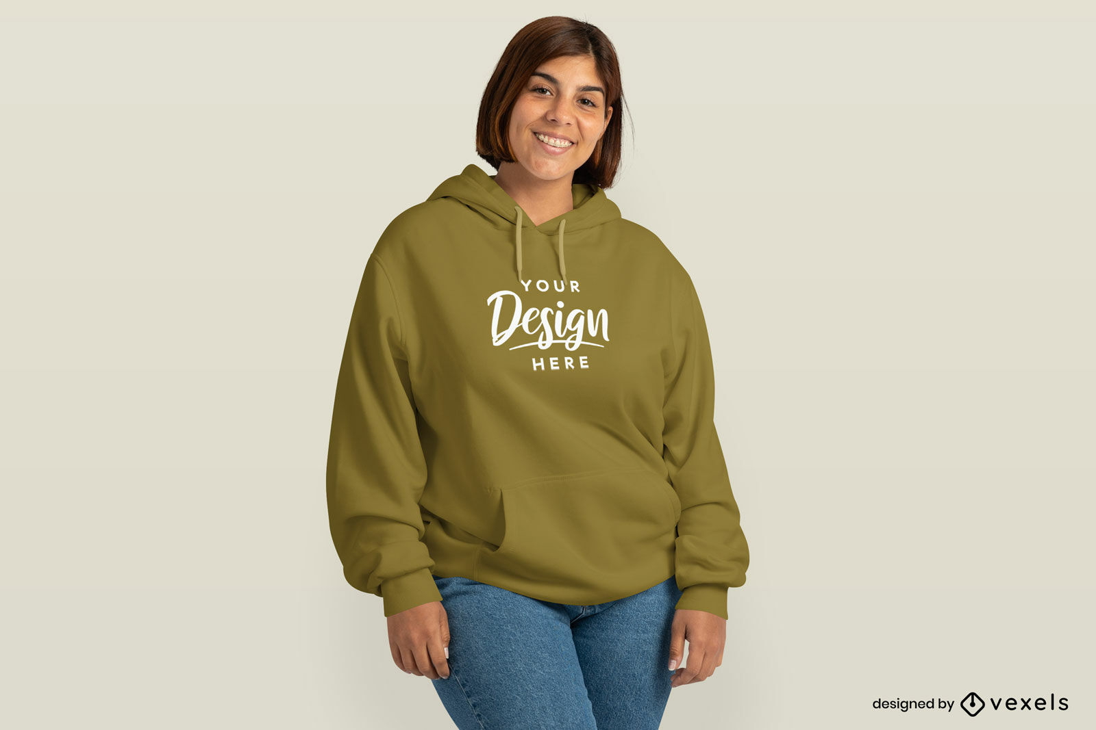 Plus size woman with short hair and hoodie mockup
