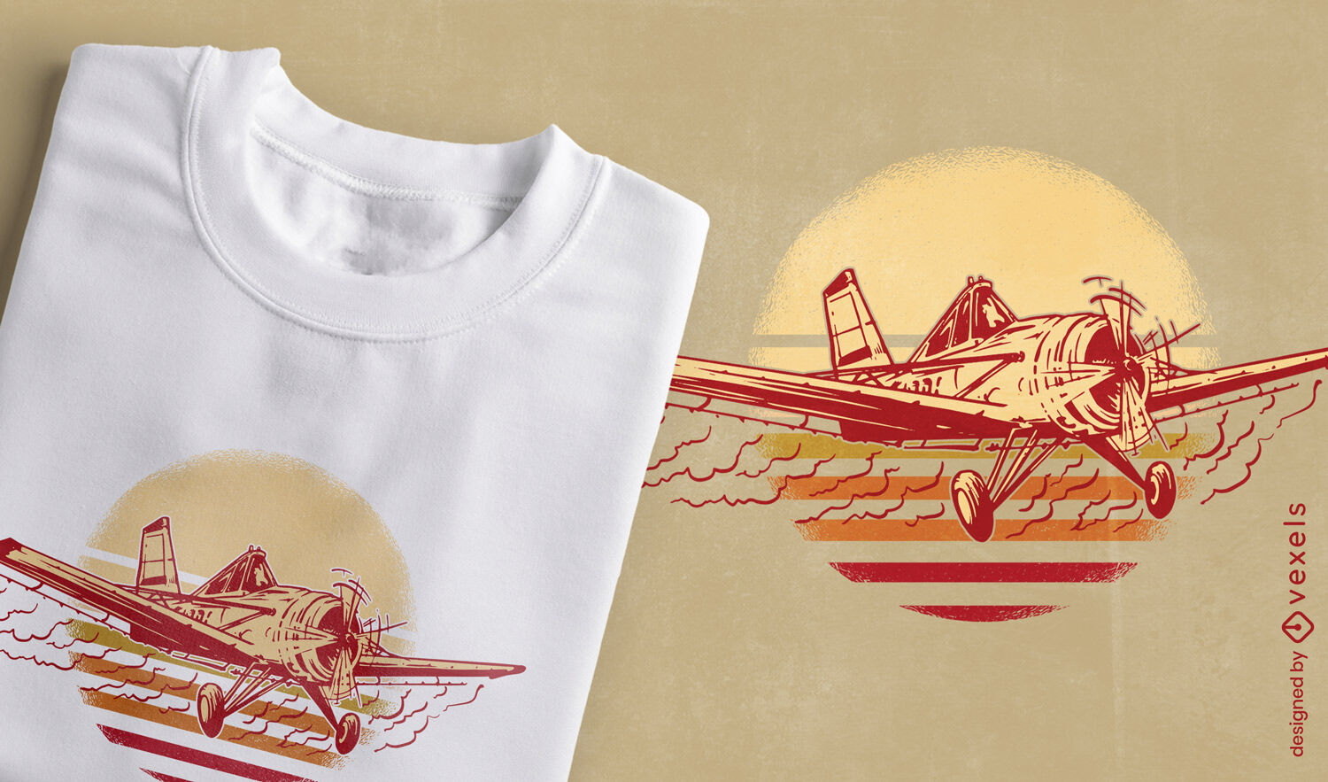 Design de camiseta de avião pequeno e retrô por do sol