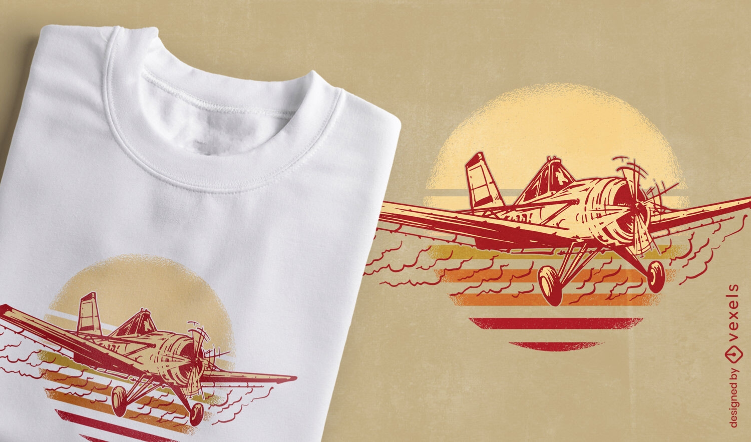 Diseño de camiseta de avioneta y puesta de sol retro.