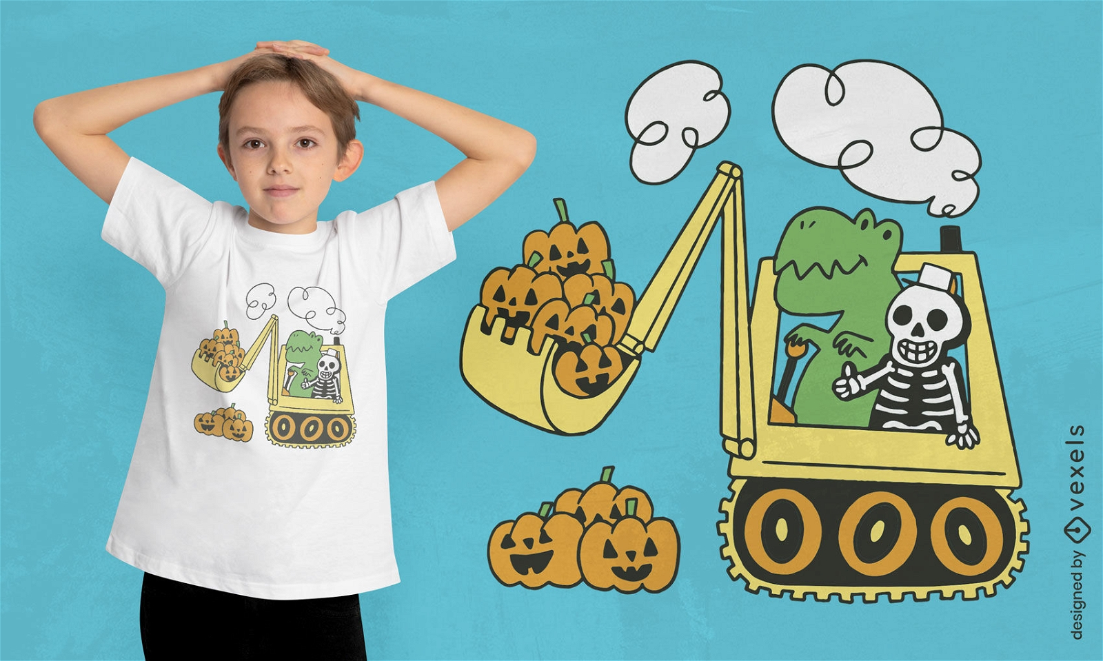 Skeleton and t-rex with pumpkins t-shirt design